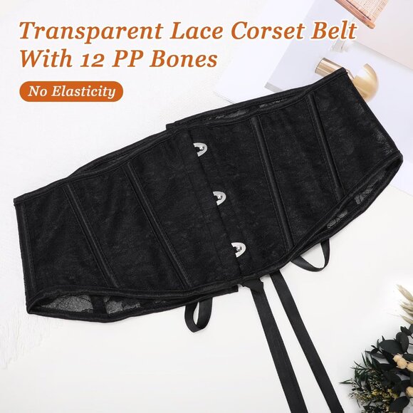 Women's Jacquard Corset Belt Lace Up Bustier Waspie Belt Renaissance Black Lace - Picture 4 of 6